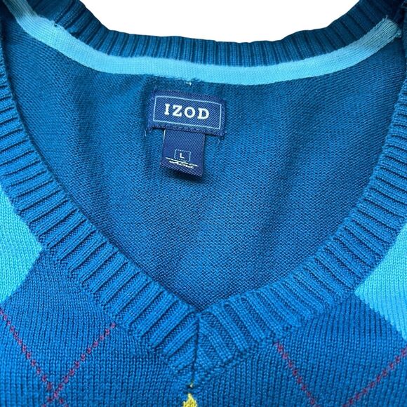 IZOD Womens V-Neck Sweater Size Large Royal Blue Argyle Diamond 100% Cotton Prep - Picture 3 of 5